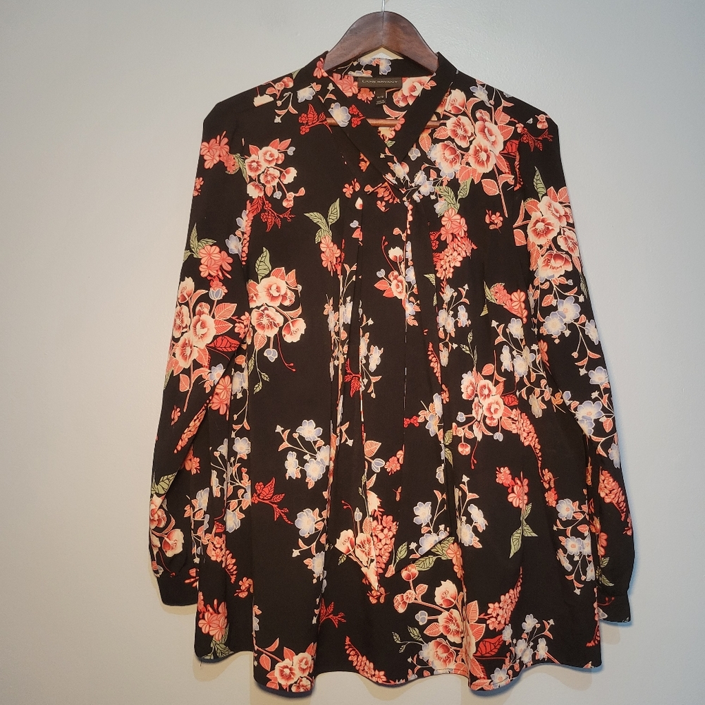 Lane Bryant Floral Tunic Black Long Sleeve Front Tie/Cross Top Womens‎ Size14/16